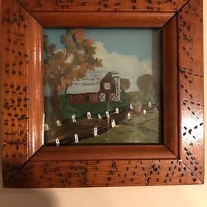 Tramp art painted on glass,  barn scene
